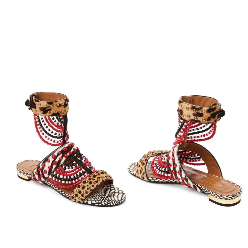 AQUAZZURA Voo Doo Beaded Ankle Strap Flat Sandals sz US 6.5 / IT 36 1/2 $1250